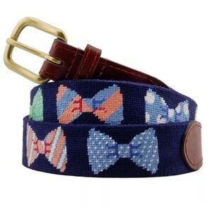 Smathers & Branson Needlepoint Belt Bow Tie 38 Navy Blue Leather Brass